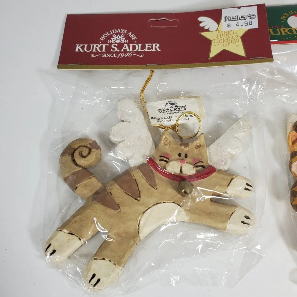 2 Kurt Adler Glitter Cat Angels Christmas Ornament Brown Orange Kittens New NIP